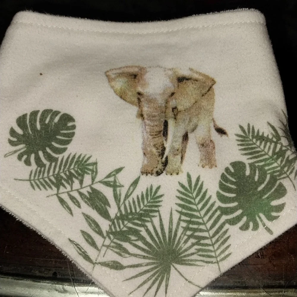 Modern Day Baby Onesize Baby bib White with a green elephant.